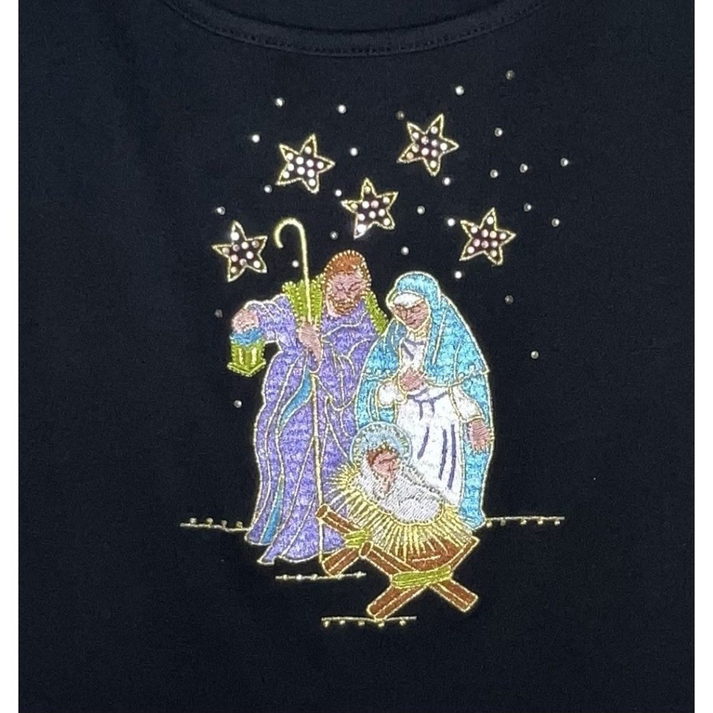 Quacker Factory T Shirt Women's 1X Black Nativity Christmas Beaded Short Sleeve - Picture 2 of 9